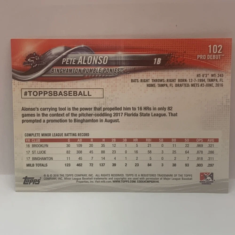 2018 Topps Pete Alonso Pro Debut Mets #102 In Person Autograph (006)
